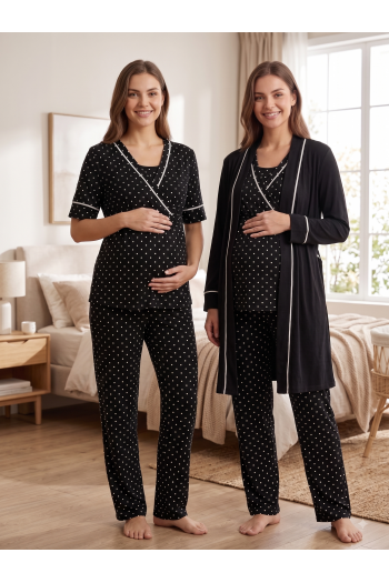 Effortt 2084 Siyah Puantiyeli Emzirme Özellikli Sabahlıklı Hamile Lohusa Pijama Takımı